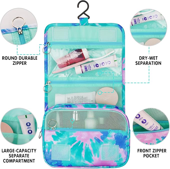 Tie Dye Hanging Toiletry Bag for Girls, Travel Toiletry Bag for Teen Girls Cosmetic Makeup Waterproof Wash Bag Traveling Toiletries, Green Teal