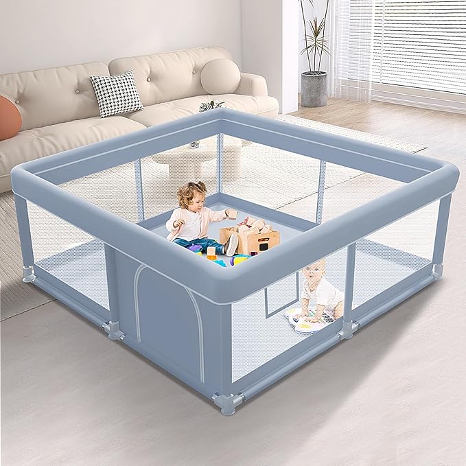 50 x 50 Inch Baby Playpen, Playpen for Babies and Toddlers, Baby Play Pen Playard for Indoor & Outdoor Active Center Game Fence, with Skin-Friendly Fabric and Soft Breathable Mesh, Grey
