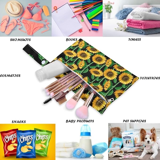 visesunny Sunflower 2Pcs Wet Bag with Zippered Pockets Washable Reusable Roomy for Travel,Beach,Pool,Daycare,Stroller,Diapers,Dirty Gym Clothes, Wet Swimsuits, Toiletries