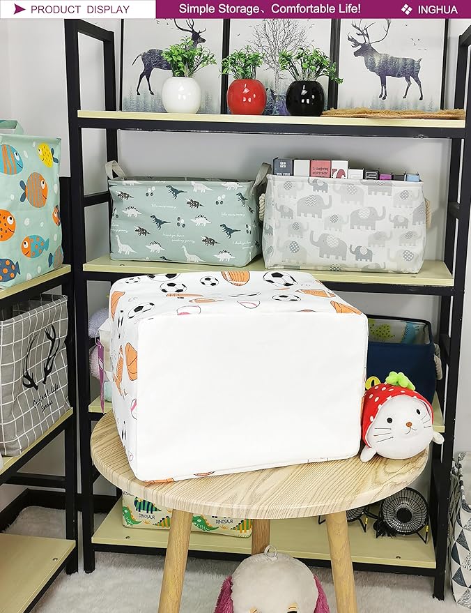 INGHUA Rectangular Storage Basket Fabric Organizer Bin for Toys,Books,Clothes,Gifts,Pets-Perfect for Home,Office,Nursery,Dorm,Shelf(Rec ball game)