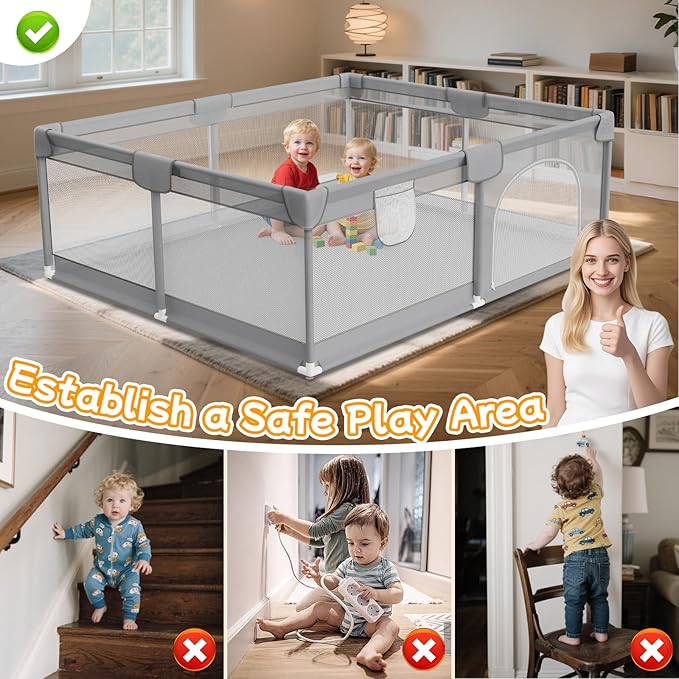Deeteck 74"x50" Large Baby Playpen - Playpen for Babies and Toddlers with Breathable Mesh & 2 Handles - Baby Fence Playard Safety Activity Center for Indoor & Outdoor, Grey