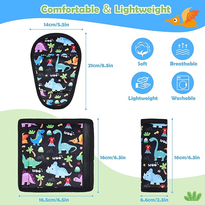 3 Pcs Car Seat Stroller Straps Pads for Baby, Newborn Soft Shoulder Strap and Crotch Covers, Universal Shoulder Straps Pads for Car Seat, Pushchair, High Chair (Dinosaur)
