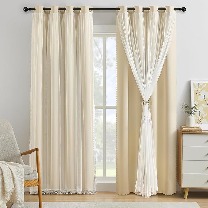 XiDi Beige Blackout Curtains with Sheer Overlay for Bedroom 2 Panels 63 Inches Long Double Layer Curtains with Lace Hem for Kids Girls Room Decor Thermal Insulated Grommet Short Window Drapes W52XL63
