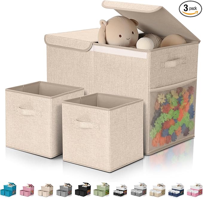 Fiwochic 3 Pack 23" Large Toy Storage Box with 11" Cubes Bins, Collapsible Toy Organizer Chest with Lids for Kids Nursery Playroom Bedroom Living Room Christmas Ornament Storage Box(Beige)