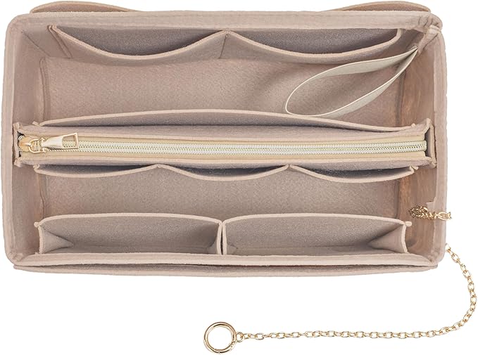 Purse Organizer Insert, Handbag Organizer with Zipper, Tote Shaper with Cup Holder & Keychain, Compatible with LV, Neverfull, MK, COACH, Longchamp, Kate Spade – Khaki-Lg