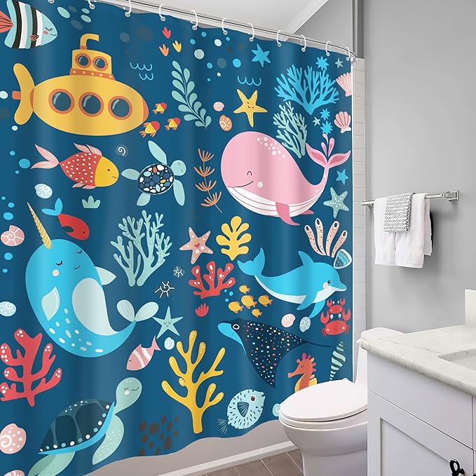 Navy Blue Kids Shower Curtain 60Wx72H Kid Ocean Summer Cartoon Whale Cute Funny Fish Sea Animal Underwater Submarine Coastal Bathroom Decor Boy Girl Bath Curtain Polyester 12 Pack Hooks