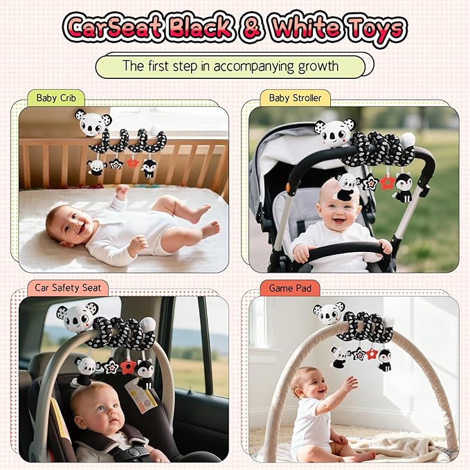 FPVERA Car Seat Toys for Babies 0-6 Months: Travel Baby Toy for Soft Hanging Toys for Carseat, Spiral Plush High Contrast Black and White Toy for Infant Boys Girls
