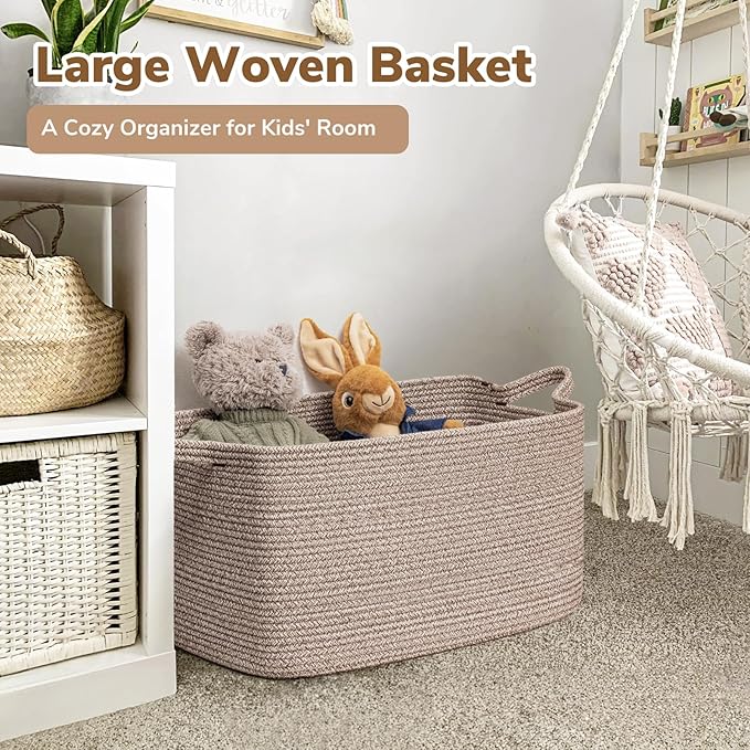 Goodpick Large Woven Storage Basket, 21.6" x 14.9" x 11.8" Blanket Basket for Living Room, Bedroom, Rectangle Rope Storage Organizer for Clothes, Toys, Brown