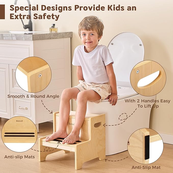 Bateso Step Stool for Kids, Wooden Toddler Step Stool with Non-Slip Mats for Bathroom Sink and Kitchen, Potty Training Stool with Handles for Toilet