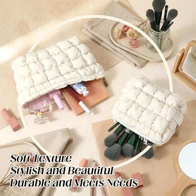 2 Pcs Puffy Makeup Bag Quilted Cosmetic Pouch for Women Cute Checkered Travel Toiletry Bag Puffer Makeup Organizer Purse Pouch Preppy Pencil Case with Zipper(White)