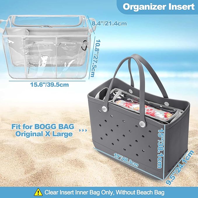Clear Beach Bag Organizer Insert Compatible with BOGG BAG Original X Large, Zipper Organizer Liner Compatible with BOGG BAG Original X Large, Insert Divider Pouch with 2 Compartments, Gray