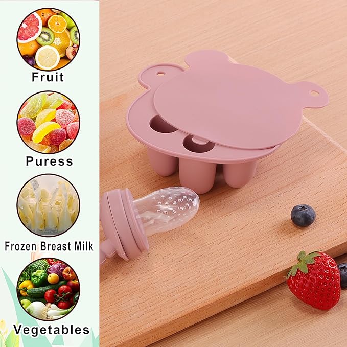 Baby Fruit Feeder & Breastmilk Popsicle Mold Set – 3 Pack Silicone Teething Relief Kit with Food Feeder Pacifier, Freezer Tray with Lid & Baby Teether (Blush)
