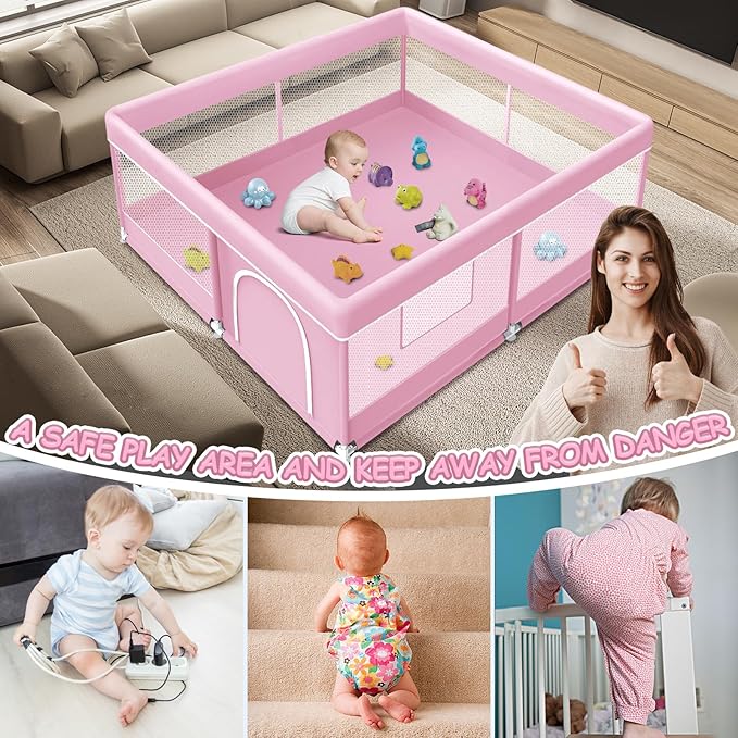 Baby Playpen 50 x 50 Inch Play Pen Playards, Playpen for Babies and Toddlers, Baby Playard for Indoor & Outdoor Active Center Game Fence, with Skin-Friendly Fabric and Soft Breathable Mesh Pink