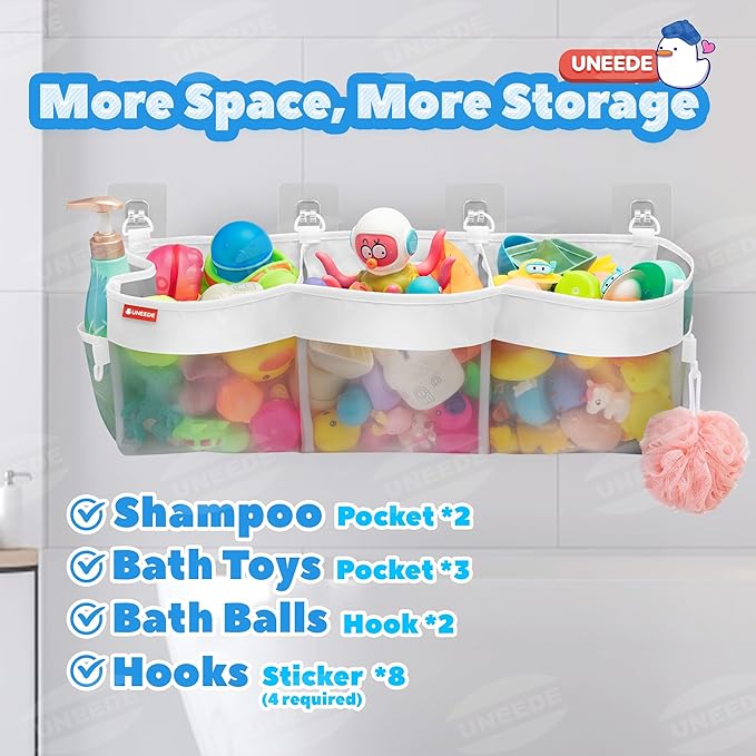 UNEEDE 4.95 Gallons 3 Compartment Horizontal Bath Toy Storage,Bathtub Toy Storage Organizer,Bath Toy Holder For Bathtub,Baby Bath Toy Organizer For Tub,Mesh Shower Caddy(Gray)