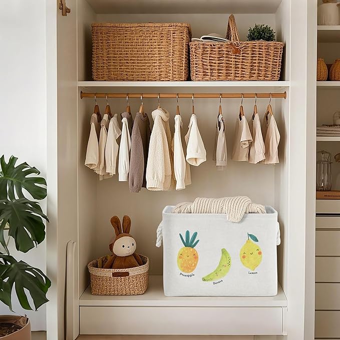 DECOMOMO Toy Storage Baskets for Shelves - 40L Kids Storage Bin for Nursery Décor, Baby, Laundry, Toys (Fruit Print, XXL - 3 Pack)