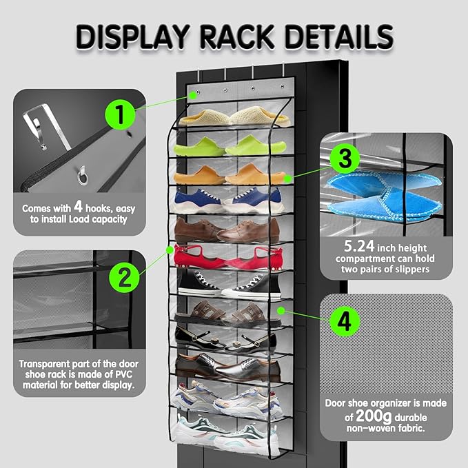 Kotkn Over The Door Shoe Organizer with 12 Large Breathable Pockets - Sturdy Hanging Storage for Shoes of All Ages - Gray
