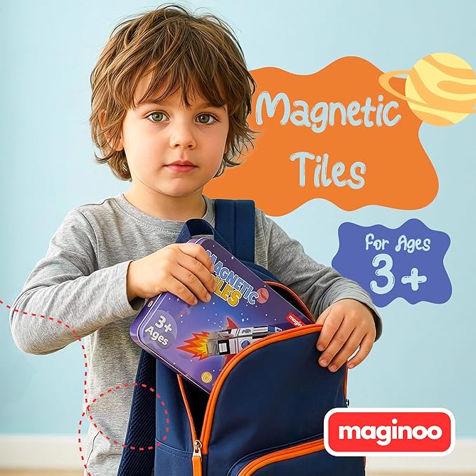 Maginoo 42PCS Mini Magnetic Tiles Space Rocket Travel Set with Iron Box STEM Educational Building Blocks Magnetic Construction Toy for Kids Ages 3 to 8 Creative Gift for Boys and Girls