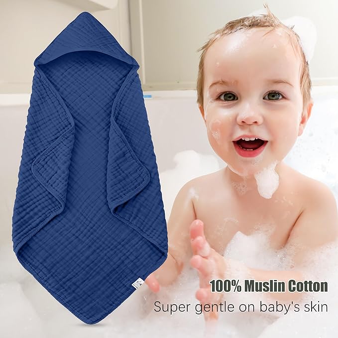 Spotted Play 2 Pack Hooded Baby Towels - 100% Muslin Cotton for Newborns, Infants, Toddlers - Large 32x32 Inch Size - Highly Absorbent and Essential for Newborn Care, Deep Navy
