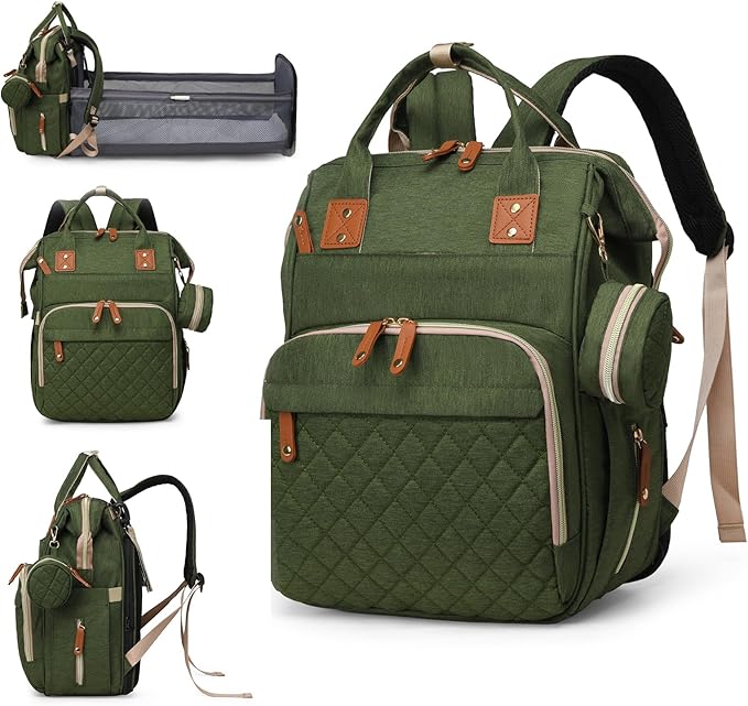 Lamroro Diaper Bag with Changing Station, Waterproof 3 in 1 Baby Diaper Backpack with Foldable Changing Pad, Large Travel Back Pack for Girl Boy, Green