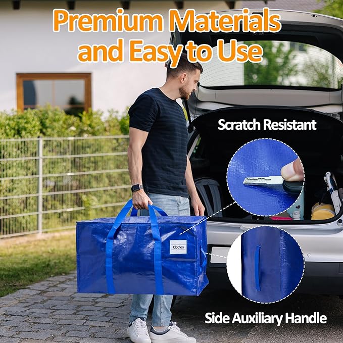 2-Pack Blue Extra Large Moving Bags, Heavy Duty Storage Bags with Lids, Reinforced Handles and Zippers, Organizing Bags for Dorm Packing, Clothes Storage, Toy, Camping, College Supplies