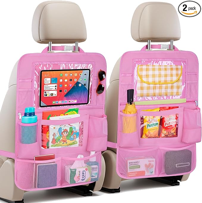 BALEINE Backseat Car Organizer, Back Seat Car Organizers and Storage, Kick Mats Back Seat Protector, Travel Accessories for Most Automotive (2 Pack, Pink)