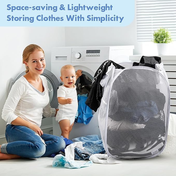 DUCOO Pop Up Laundry Hamper, 70L Collapsible Mesh Laundry Basket with Side Pocket, Foldable Dirty Clothes Hamper with Sturdy Reinforced Handles for Home Dorm Bedroom Travel Bathroom Storage, White
