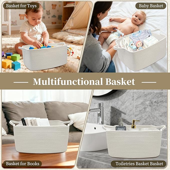 Gift Baskets Empty for Kids, Woven Storage Basket for Gifts Small Rope Basket for Toy Baby Shower Baskets for Diaper Caddy Easter Boo Basket for Home Décor White, 16 x 12 x 7 inches