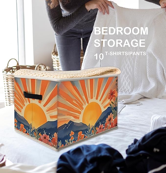 FDHSPAAM Boho Wildflower Sunshine Storage Bins Box with Handles, Maximalist Eclectic Sun Sunrise Sunset Collapsible Fabric Storage Basket Box Organizer for Bedroom Bathroom Clothes Toys Books