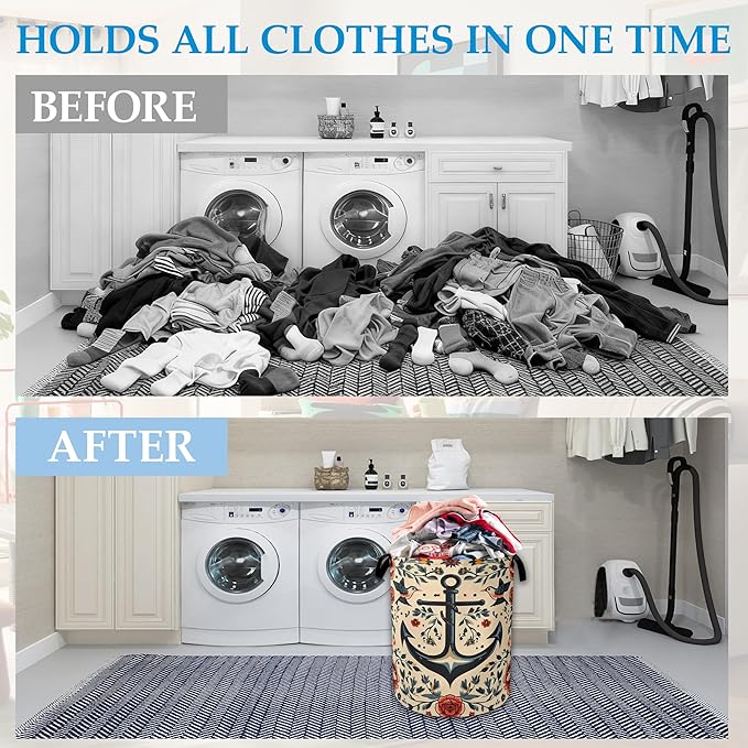 Anchor Flowers Laundry Hamper Collapsible Laundry Basket Portable Clothes Toy Storage Bin for Bathroom Bedroom Room Decor 16 X 20.8 Inch