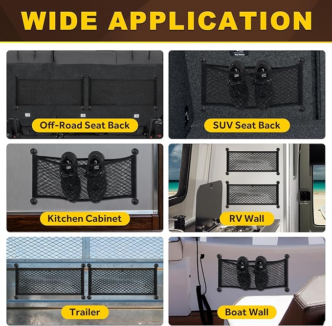 BUMBEE Mesh Cargo Net, Envelope Netting, Elastic Pocket Pouch Bungee Organizer for Car Seat Back RV Wall Trunk, Hooks & Screws Included(25.6'' x 9.8'')