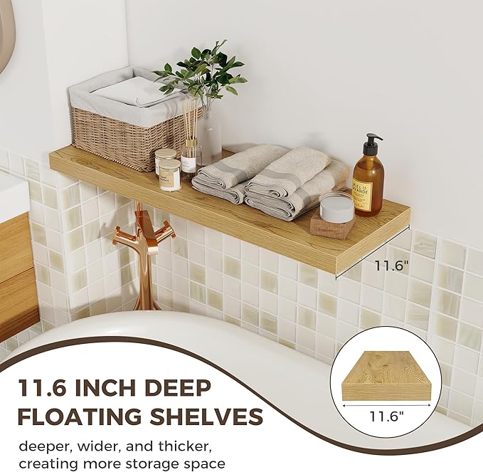 Fun Memories Deep Floating Shelves, 36" W x 12" D Wood Floating Shelves for Wall, 2 Pack Extra Deeper & Thicker Wall Mounted Storage Shelf for Living Room Laundry Room Kitchen Home Office, Oak