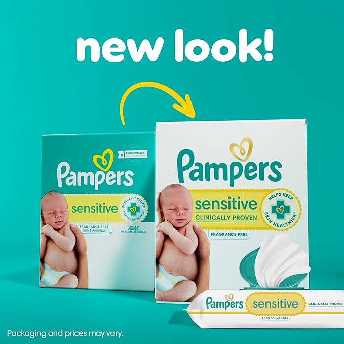Pampers Sensitive Baby Wipes, Water Based, Clinically Proven, Hypoallergenic, and Unscented for Babies, 1008 Wipes Total (12 Flip-Top Packs) [Packaging May Vary]