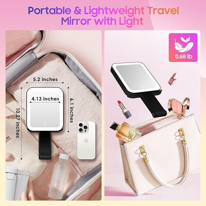 Magnifying Travel Mirror with Light, 30X/1X Double-Sided Magnifying Mirror with 3 Color Lights, Brightness Adjustable, Foldable Handheld Makeup Mirrors Portable for Travel and Desktop Use,B