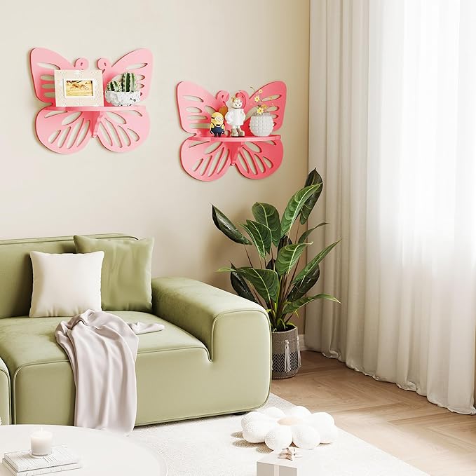 2-Tier Butterfly Wall Shelf - Nursery Decor Pink Floating Corner Shelves, Cute Wall Display Rack Bookshelf for Kid’s Room, Solid Wood Hanging Hollow Out Shelf for Toys, Plants and Decorations Storage