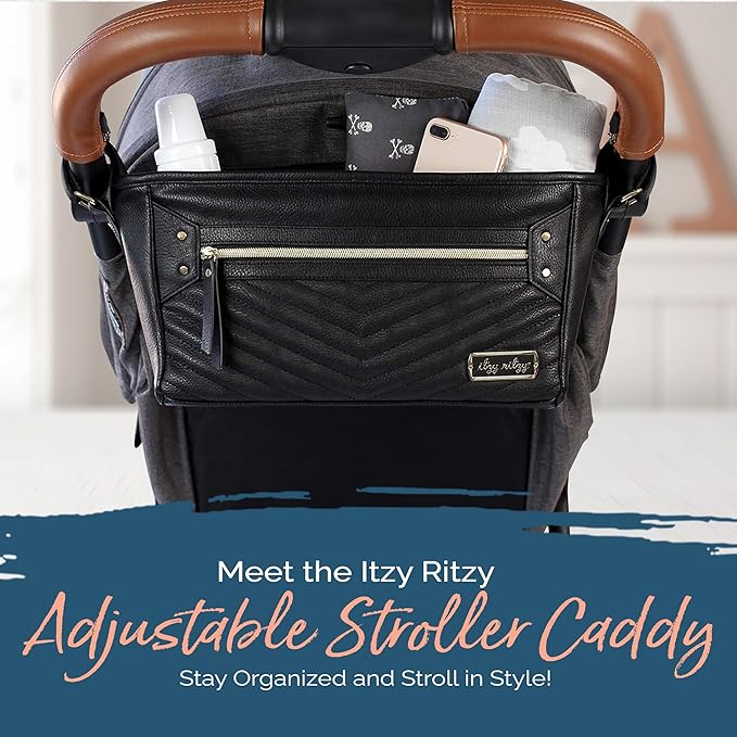 Itzy Ritzy Adjustable Stroller Caddy / Organizer - Stroller Organizer Bag Featuring Front Zippered Pocket, 2 Built-In Interior Pockets & Straps to Fit Nearly Any Model (Black with Gold Hardware)