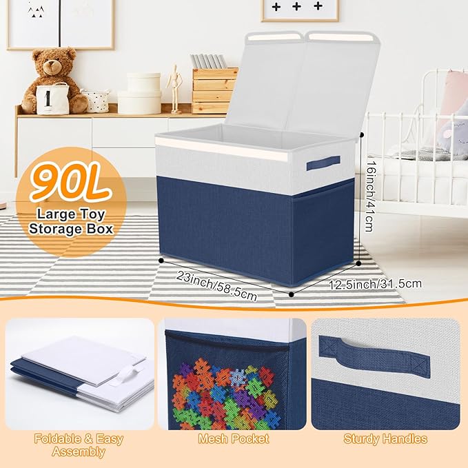 Fiwochic 3 Pack 23" Large Toy Storage Box with 11" Cubes Bins, Collapsible Toy Organizer Chest with Lids for Kids Nursery Playroom Bedroom Living Room Christmas Ornament Storage Box(Navy White)