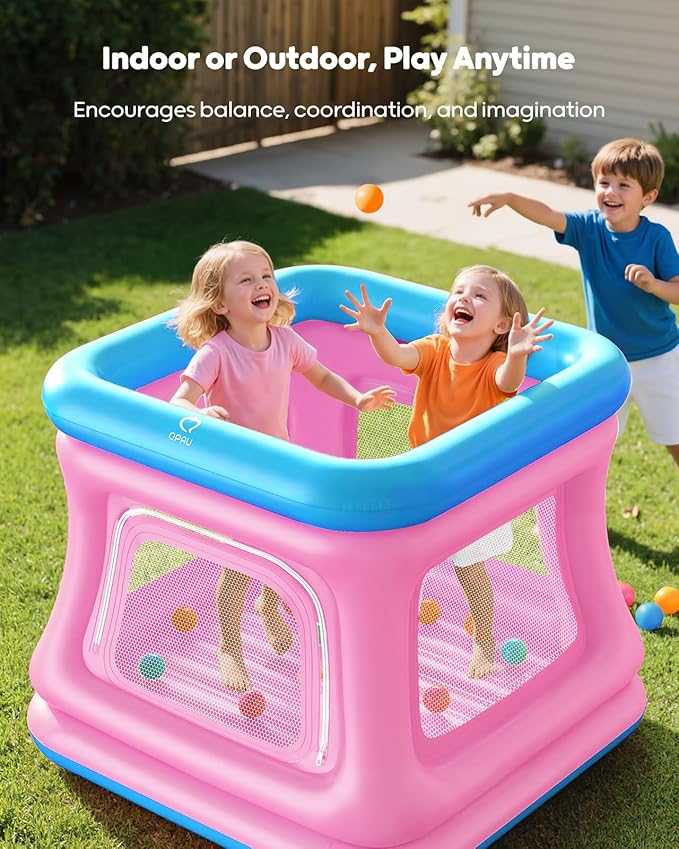 QPAU 3-in-1 Inflatable Bounce House for Toddlers 1-3, Ball Pit & Trampoline, Inflatable Bouncy House with Safety Net, Indoor & Outdoor Bubble Bouncer Baby Play Yard（Blue & Pink）