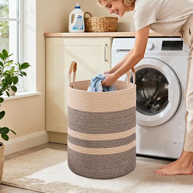 Degeyoyo 90L Striped Laundry Basket, Dark Brown Laundry Hamper with Leather Handles, Woven Cotton Rope Storage Bin for Blankets, Nursery Hamper for Clothes, Toys In Bathroom, Livingroom, Bedroom