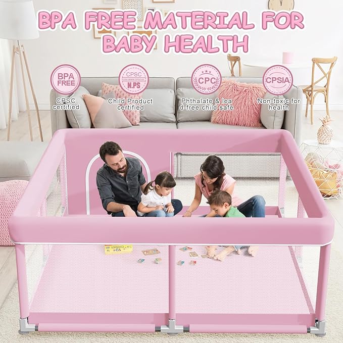 Baby Playpen 50 x 50 Inch Play Pen Playards, Playpen for Babies and Toddlers, Baby Playard for Indoor & Outdoor Active Center Game Fence, with Skin-Friendly Fabric and Soft Breathable Mesh Pink