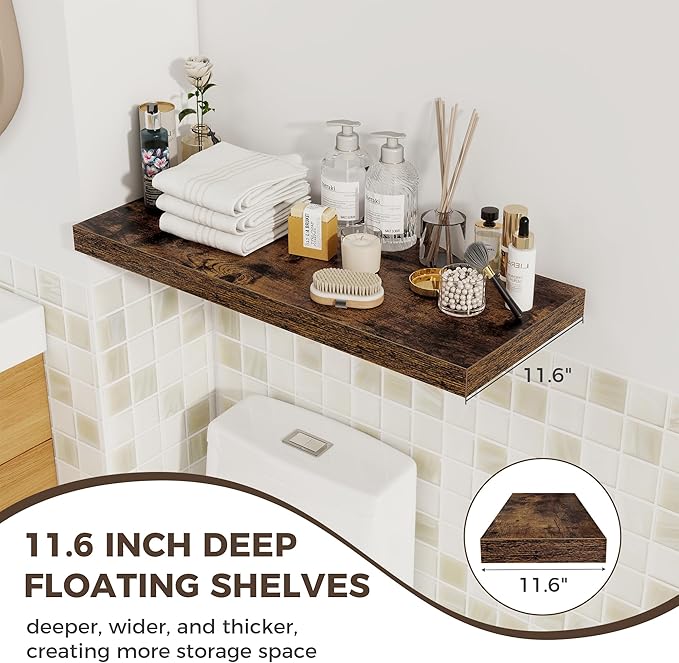 Fun Memories 12 Deep Floating Shelves for Wall | 30W x 12D Large Floating Shelves | 3 Pack Storage Space Wall Mount Shelf for Living Room Bathroom Toilet Laundry Room Kitchen Home Office - Brown