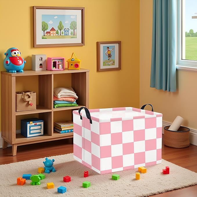 TIBAOLOVER Rectangular Storage Basket for Home Kitchen Girls Cute Storage Bin Organizer Shelf Book Room Decor(Pink Checked)