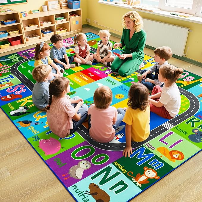 HOMORE Kids Rug, 9x12 Large Educational Rugs for Classroom Kids Collection ABC Rug for Learning Alphabet, Numbers, Colors, Season and Animal Words, Play Rugs for Playroom,Green