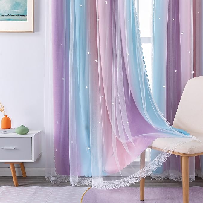 XiDi Curtains for Bedroom Decor, Kids Room Curtains for Girls Rainbow Colour, Pink Purple/42/108