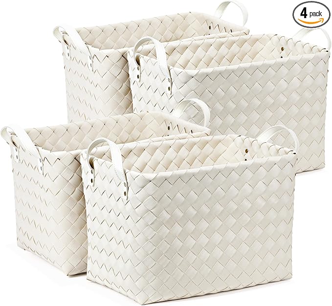 Handwoven Clothes Basket Laundry Hampers Large Wicker Storage Baskets for Shelves Blankets Closet Storage Bins Car Bedroom Bathroom Organizers and Storage Bath (Pack of 4, White)