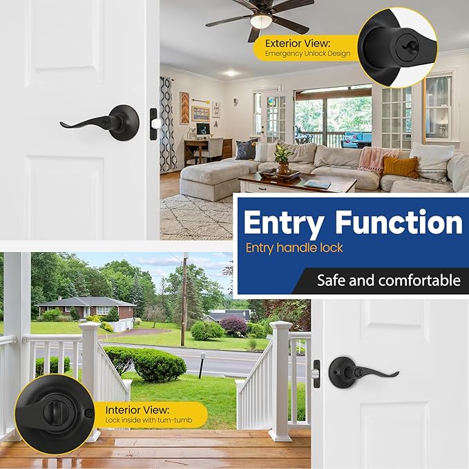 Keyed Entry Door Lever, Door Handle with Lock and Key, Exterior ＆ Interior Door Handle for Bedroom, Wave Style Lever Matte Black, Reversible for Left/Right 2 Pack