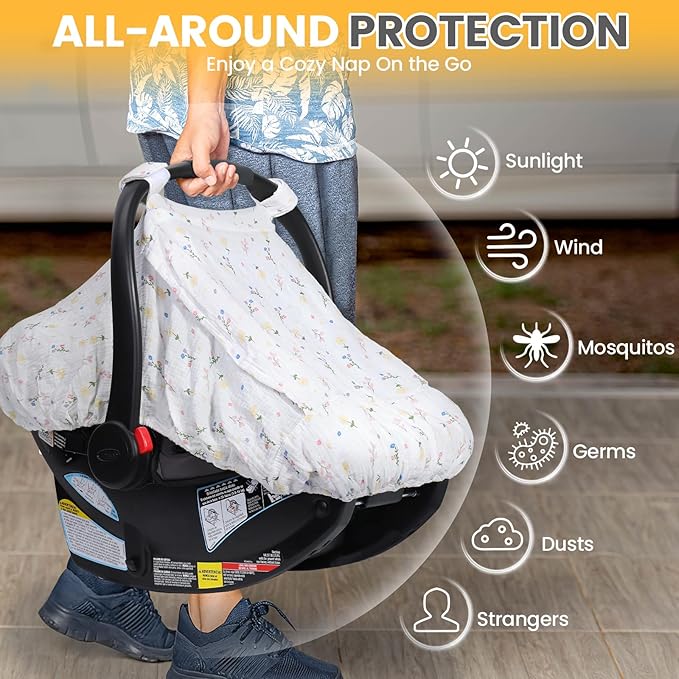 Orzbow Cotton Baby Car Seat Cover, Breathable Car Seat Canopy for Girls Boys with Mesh Window, Lightweight Baby Carrier Cover for Wind, Dust, Sun and Insects Protection, Universal Fit, White