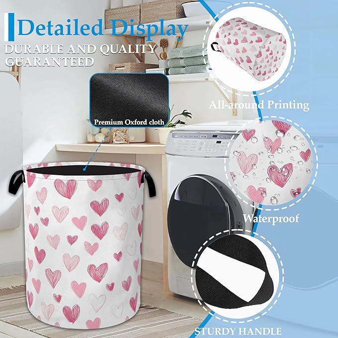 Pink Heart Laundry Basket Collapsible Laundry Hamper with Handle, Oxford Clothes Toy Storage Bin for Bathroom Bedroom Room Decor, Gift Basket 16" X 20.8"