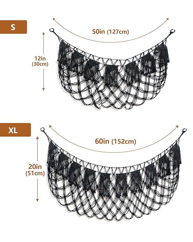 Boho Macrame Stuffed Animal Hammock with LED Lights, Wall Corner Hanging Plushie Net, Large Toy Organizer for Kids Bedroom Nursery Playroom & Dorm (Black XL)