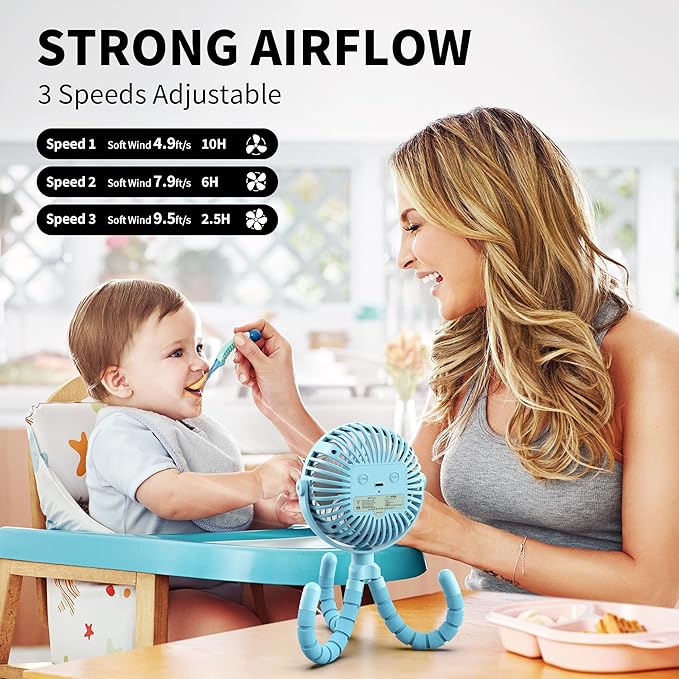 AMACOOL Battery Operated Stroller Fan, Newborn & Baby Travel Essentials, Registry Gifts, Flexible Tripod Clip On Fan with 3 Speeds and Rotatable for Car Seat Crib Bike Treadmill, Beach Essentials