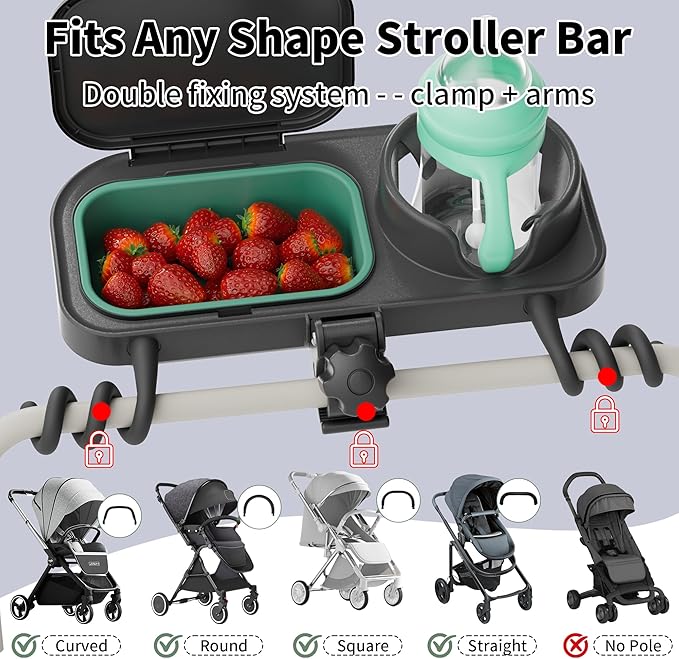 Universal Stroller Snack Tray, with Cup Holder & Removable Silicone Tray – 3-in-1 Stroller Tray Attachment for Uppababy, Nuna, Mockingbird – Easy Clean, Stable Grip, Toddler Snacking On The Go
